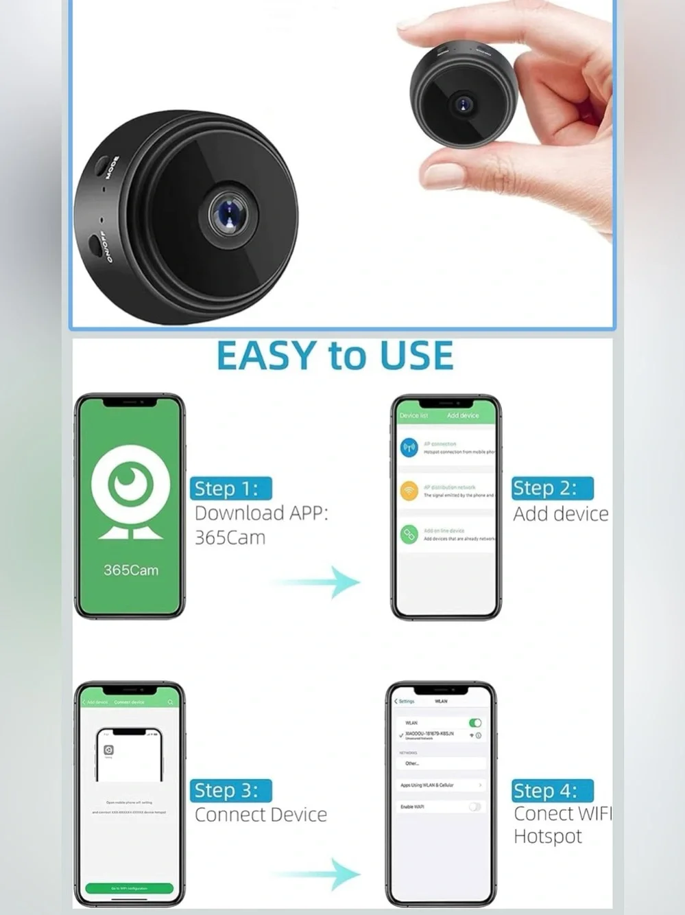 Compact Black WiFi Security Camera with USB Cable